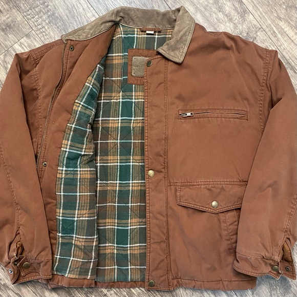 Vintage Other - Vintage Fieldmaster Men’s Brown Flannel Lined Barn Jacket Coat With Leather Trim